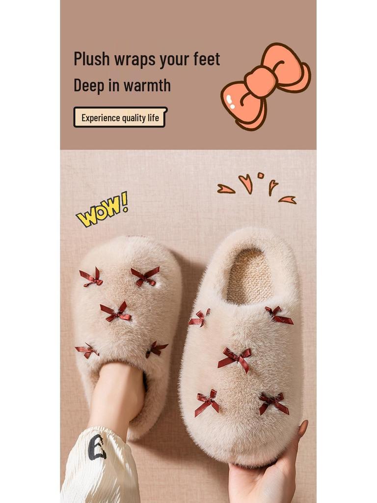 Women's Bowknot Plush Cotton Slippers - Thick, Warm, Non-slip Indoor Footwear for Autumn/Winter 2025