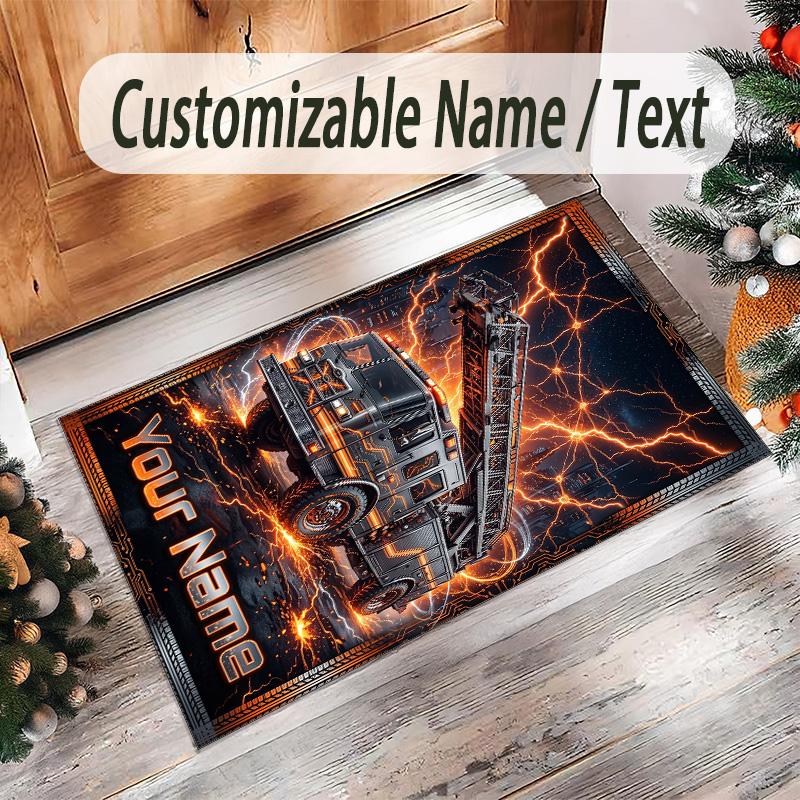Fire Truck Theme Crystal Velvet Rug Personalized Custom Name Text Soft Floor Mat Home Decor