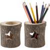 AHANDMAKER 2 Pcs Wood Pencil Holder, Round Desktop Organizer Pencil Cup with Star Hollow, Wooden Log Pen Stand Desktop Stationary Organizer for