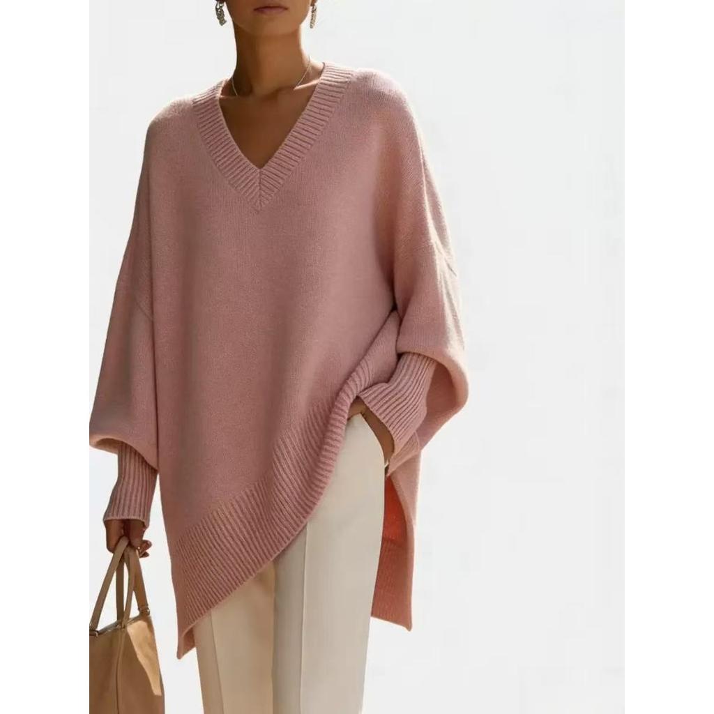 Women's V Neck Long Sleeve Knit Top Loose Fit Casual Mid Length Sweater Solid Cashmere Blend Jumper