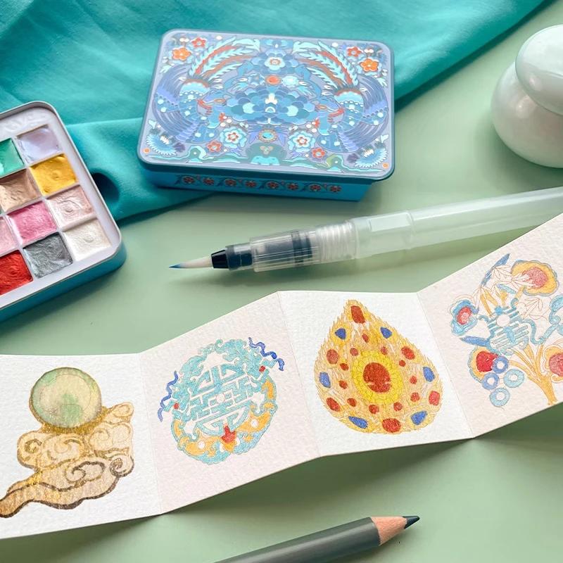 6/24 Color Watercolor Paint Set Chinese Style Kingfisher Glitter Solid Pearlescent Color Pigment Watercolor for Arts Drawing