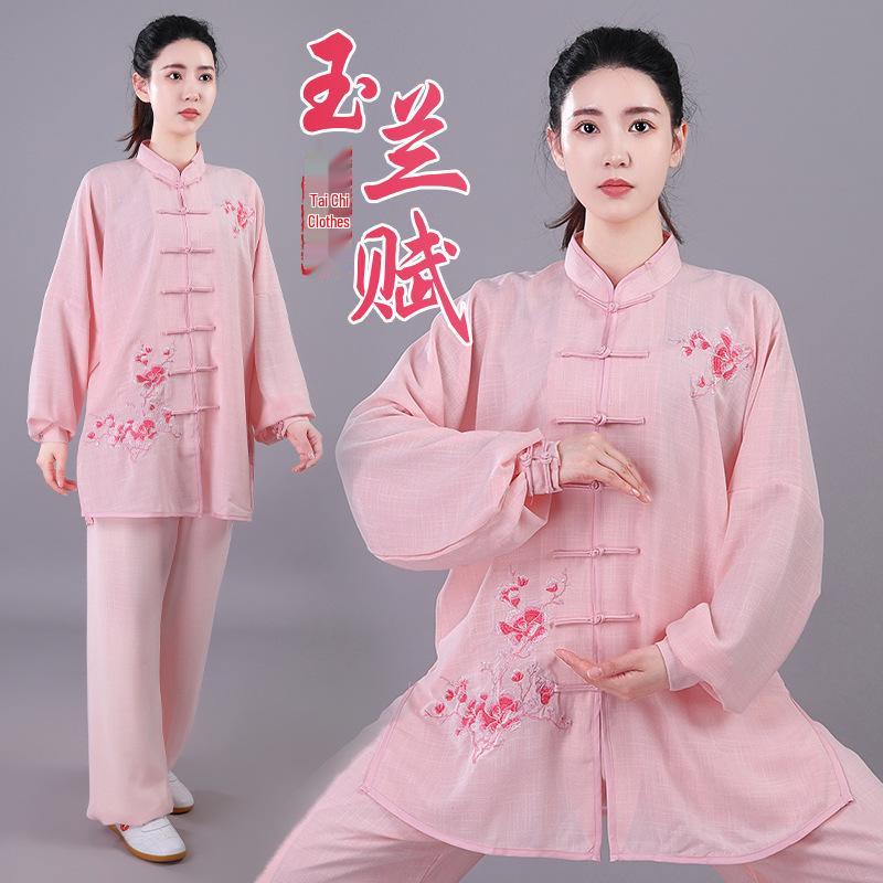 Damski Haftowany Garnitur Tai Chi - Wiosna/Jesień Płynna Bawełna Lniana, Długi Rękaw Kung Fu do Występów, Styl Chiński