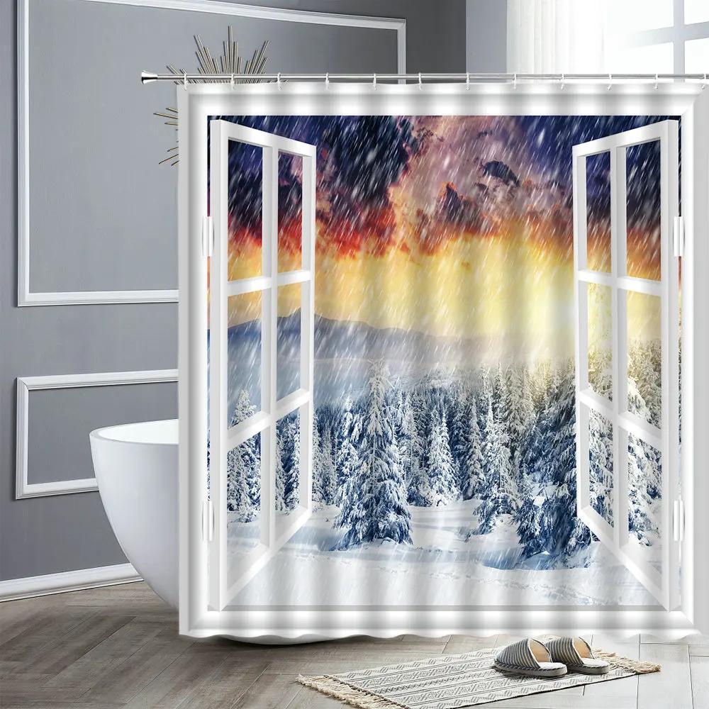 Winter Landscape Shower Curtain Outside The Window Cedar Snow Scene Bathroom Curtain Decor Waterproof Fabric Bathtub Screen