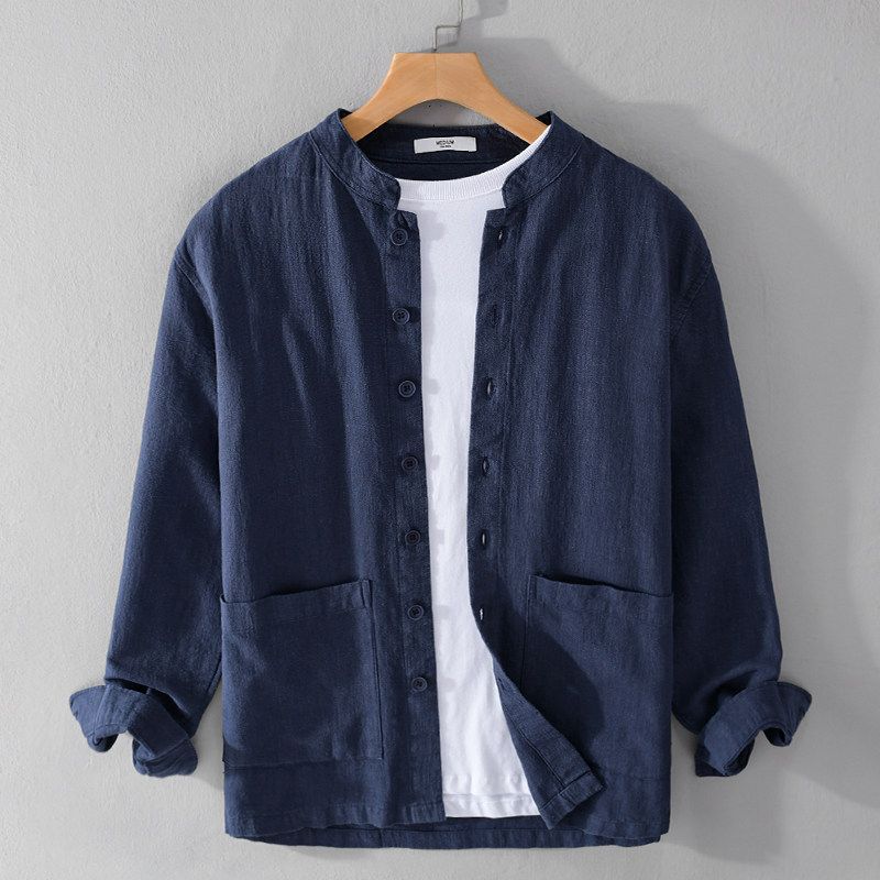Spring and Autumn Japanese Style Vintage Long Sleeve Shirt Men Cotton and Linen Chinese Style Stand Collar Loose Casual Overshirt Chinese Style