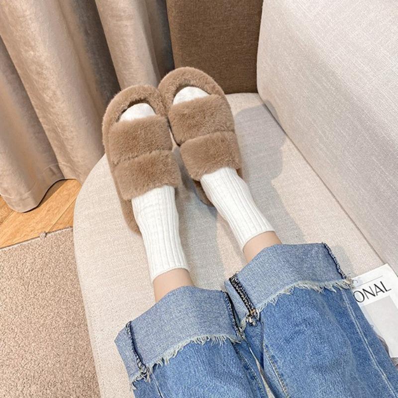Autumn Winter Plush Fluffy Slippers For Women Fashion Comfortable Thick-Soled Women'S Cotton Slippers Warm Flat Women'S Shoes