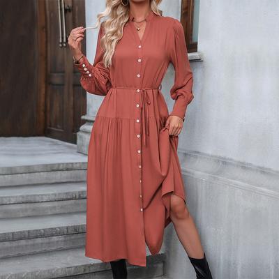 Autumn Women's Fashion Single-breasted Long-sleeved A- Line Dress Solid Color All-match V-neck Mid-waist Dress