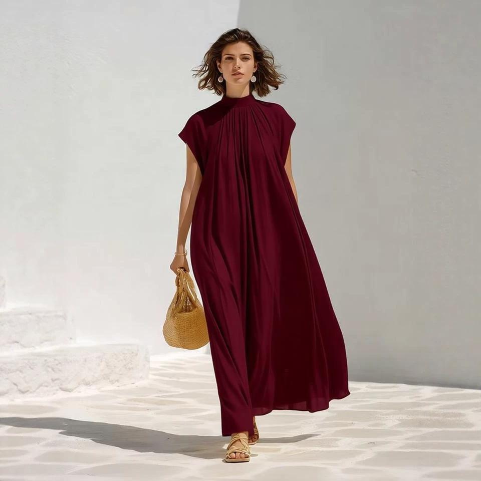 European and American women's simple gas texture super short-sleeved spring and summer thin long French pleated dress