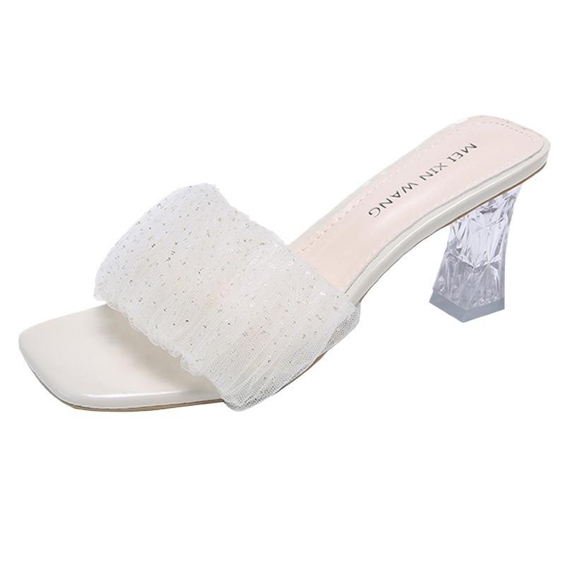 Transparent high-heeled temperament sandals women's summer new outer wear crystal thick-heeled sandals versatile one-word slippers