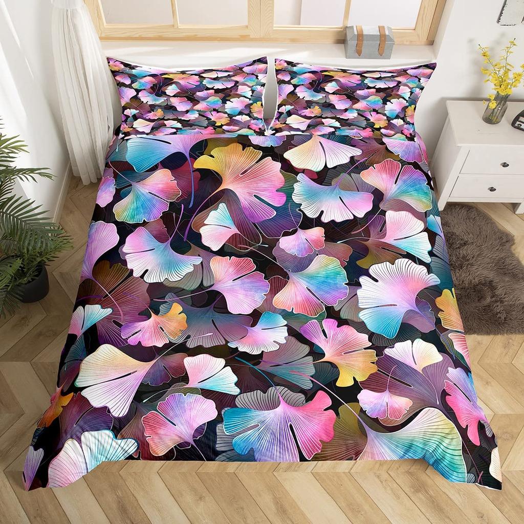 Ginkgo Leaves King Queen Duvet Cover Black Golden Ginkgo Biloba Leaf Bedding Set Botanical Quilt Cover Polyester Comforter Cover