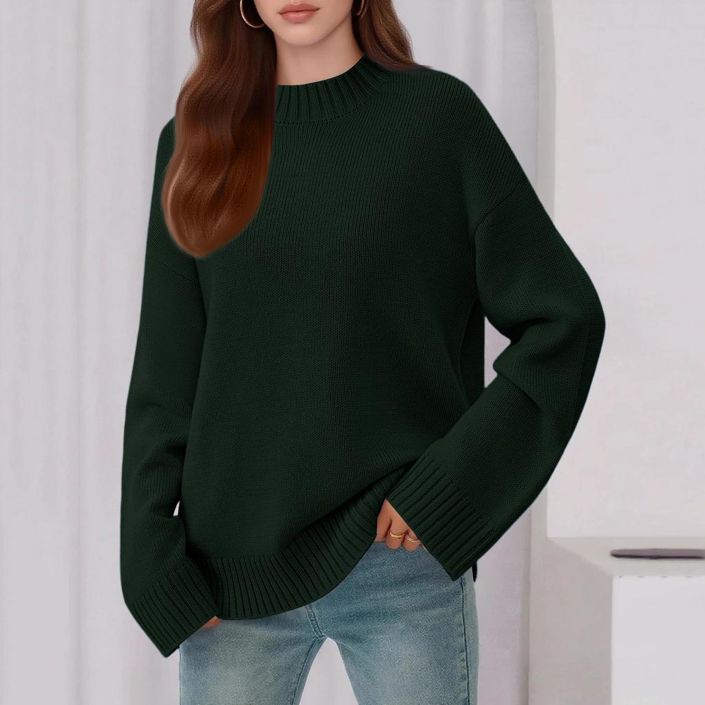 Womens Loose Round Neck Color Bell Sleeve Long Sleeve Knitted Sweater Top