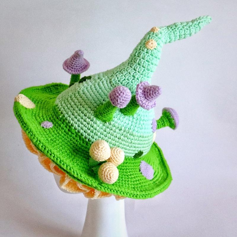Halloween Knitted Fairy Hat with Mushroom Decor Wizard Hat Men Women Party Headgear Cosplay Hat Festivals Party Props