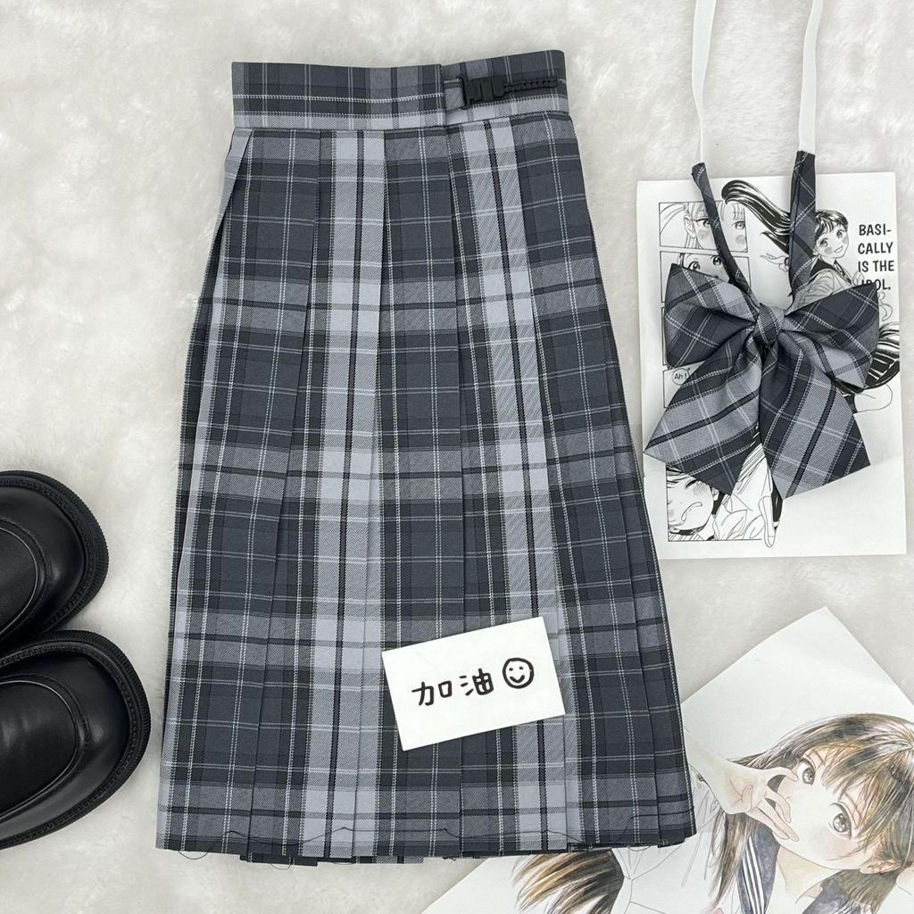 Winter Gray Plaid High-Waist Slimming JK School Uniform Pleated A-line Midi Skirt