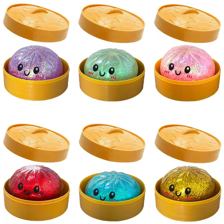 Colorful Dumpling Squishes Stress Balls Fidget Sensory Toys Simulation Food Squishies Bun With Steamer Squeeze Dough Ball Gift