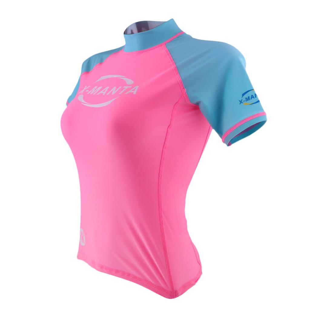 Buy Women Short Sleeve Dive Skin Snorkeling Rash Guard Shirt Pink and ...