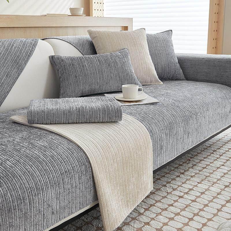 1Pc Striped Chenille Sofa Cover For Living Room Pets Kids Anti-Dirty Sofa Towel Mat Solid Color Non-Slip Couch Cushion Slipcover