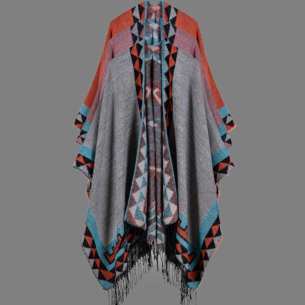 Boho Dámská Pletená šála Pončo Umělý kašmír Geometrický vzor Střapec Oversized Teplá Dlouhá Cape