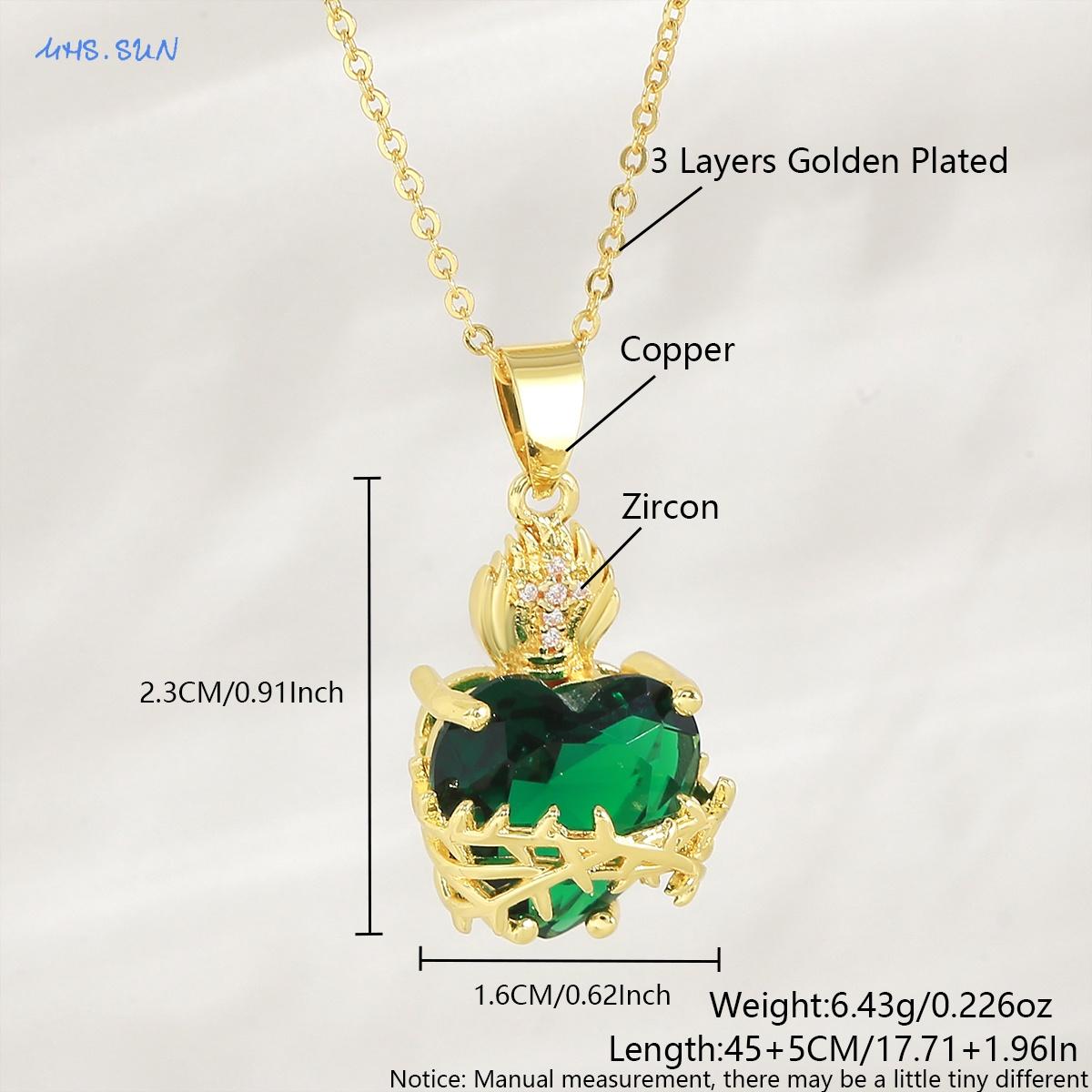 SUNSLL New Gold Plated Cubic Zirconia Emerald Sacred Heart Flame Thorn Cross Necklace Fashionable Versatile Women Jewelry Gift