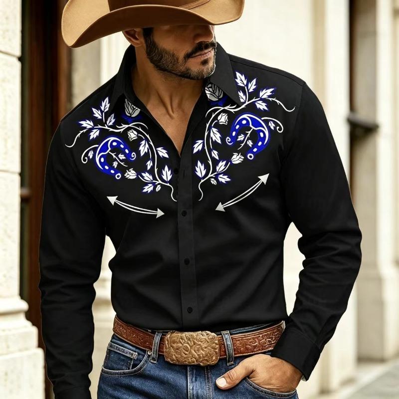 Retro floral 3D printed men's shirt, Western denim button up long sleeved shirt, men's lapel casual fashion shirt, plus size