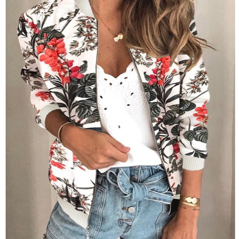 Women's Autumn/Winter Fashion Printed Round Neck Zipper Long Sleeve Jacket (2020)