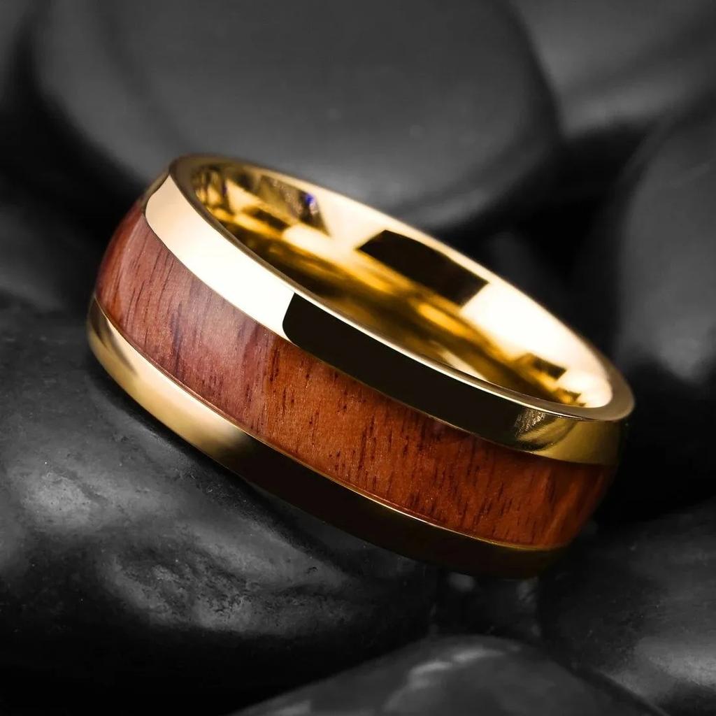 Fashion 8MM Gold Color Men Stainless Steel Rings For Men Women Domed Koa Wood Inlay Rings Wedding Engagement Jewelry Gift