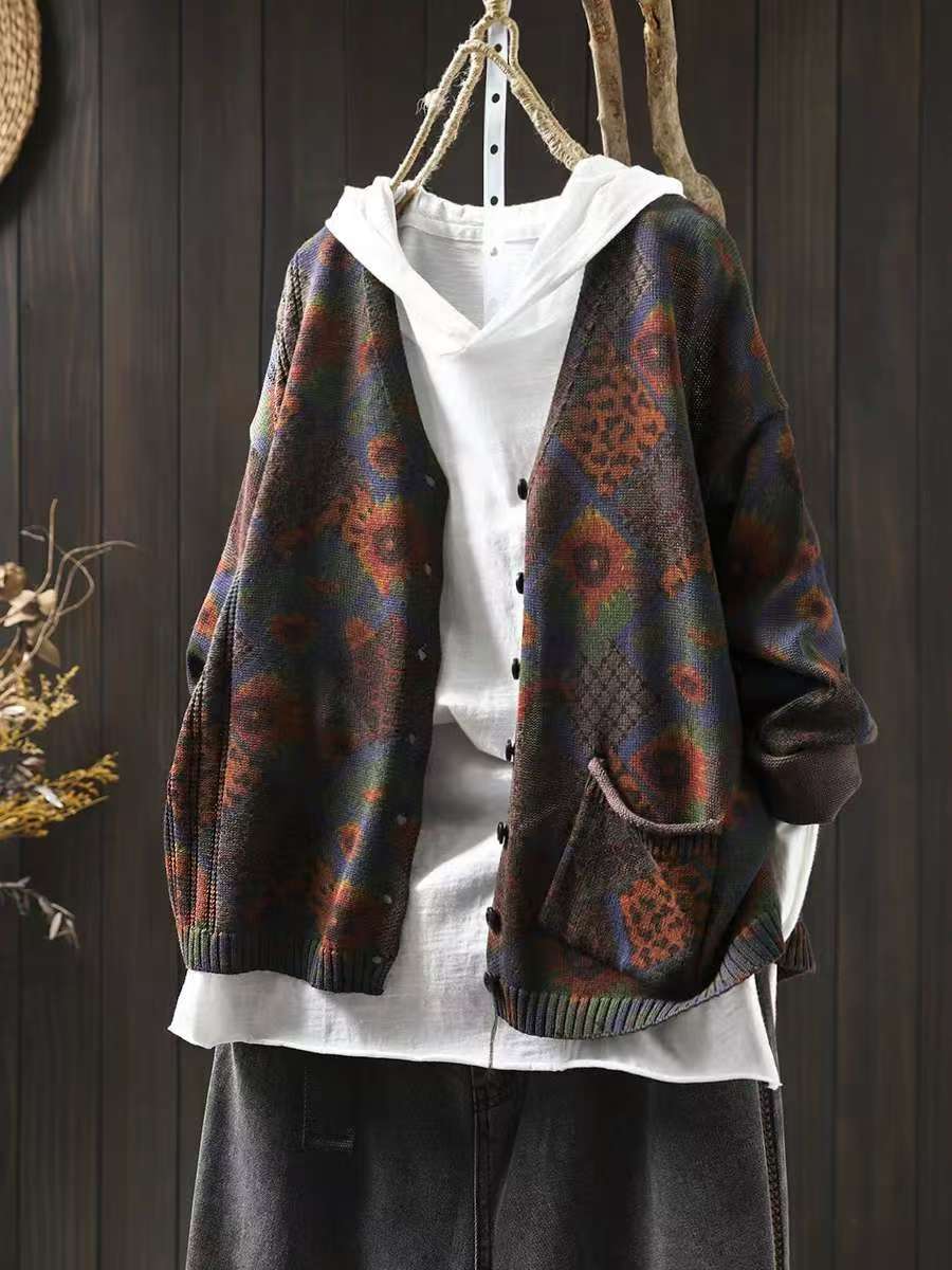 

Johnature Vintage Женские принты Цветочные пуговицы Весна V-образный вырез Длинный рукав трикотажные пальто One Size кофейный