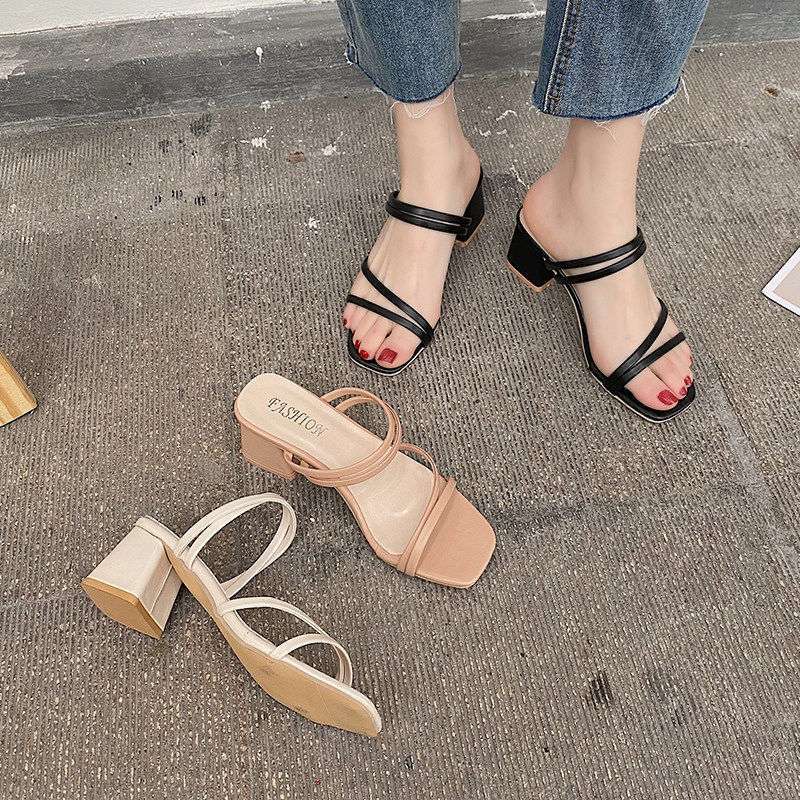 Fairy wind word with sandals summer 2025 new versatile medium heel thick heel high heel half slippers ins tide