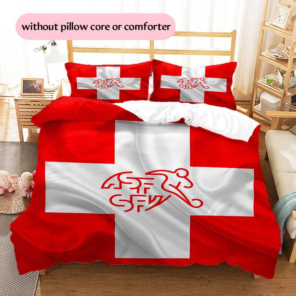 Schweiz Fußball Nationalmuster Bettwäsche Heimdekoration Geburtstagsgeschenk (1 Bettbezug + 2 Kissenbezüge, ohne Füllung),Fanartikel.