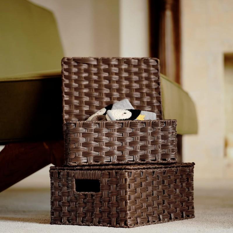 Woven Storage Basket With Lid Lock PET Material Organizer Box Clothes Toys Cosmetics Office Supplies