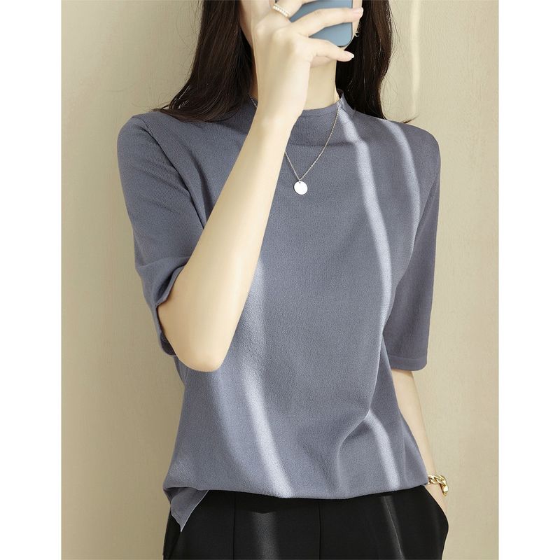 

Half Turtleneck Half Sleeve Knitting Shoulder Purple Bottoming Shirt Gray Blue [fabric upgrade]] L