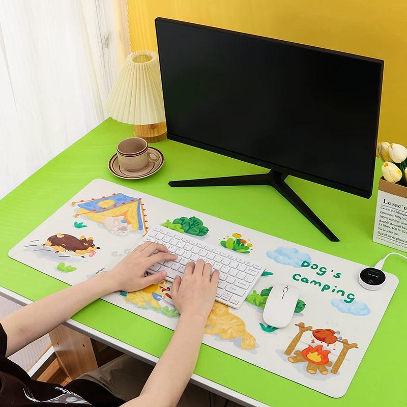 Denim Puppy Mouse Pad Heating Table Mat PVC Constant Temperature Computer Desk Pad Adjustable Heating Warm Learning Homework