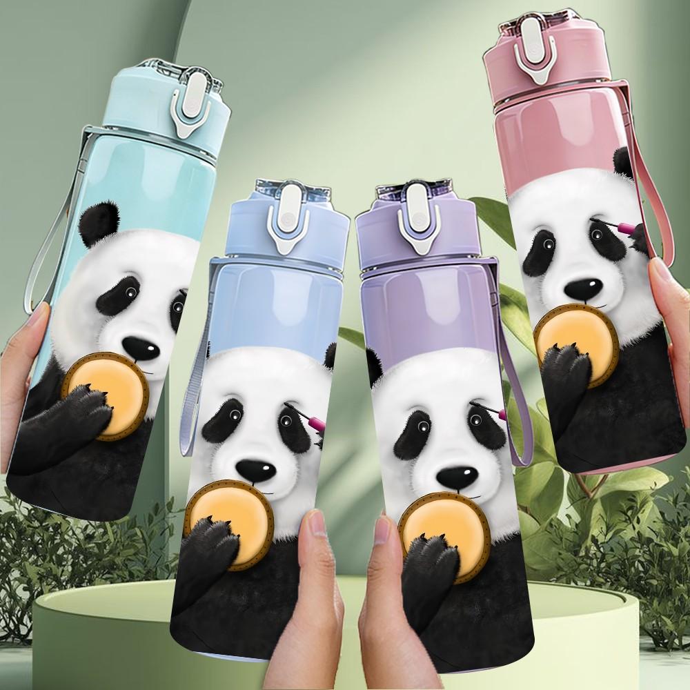 1PC Panda Holding Fruit Bite Pattern 750ml Color Plastic Sports Water Bottle Leakproof Flip Straw Lid Suitable for Sports Office Home Use