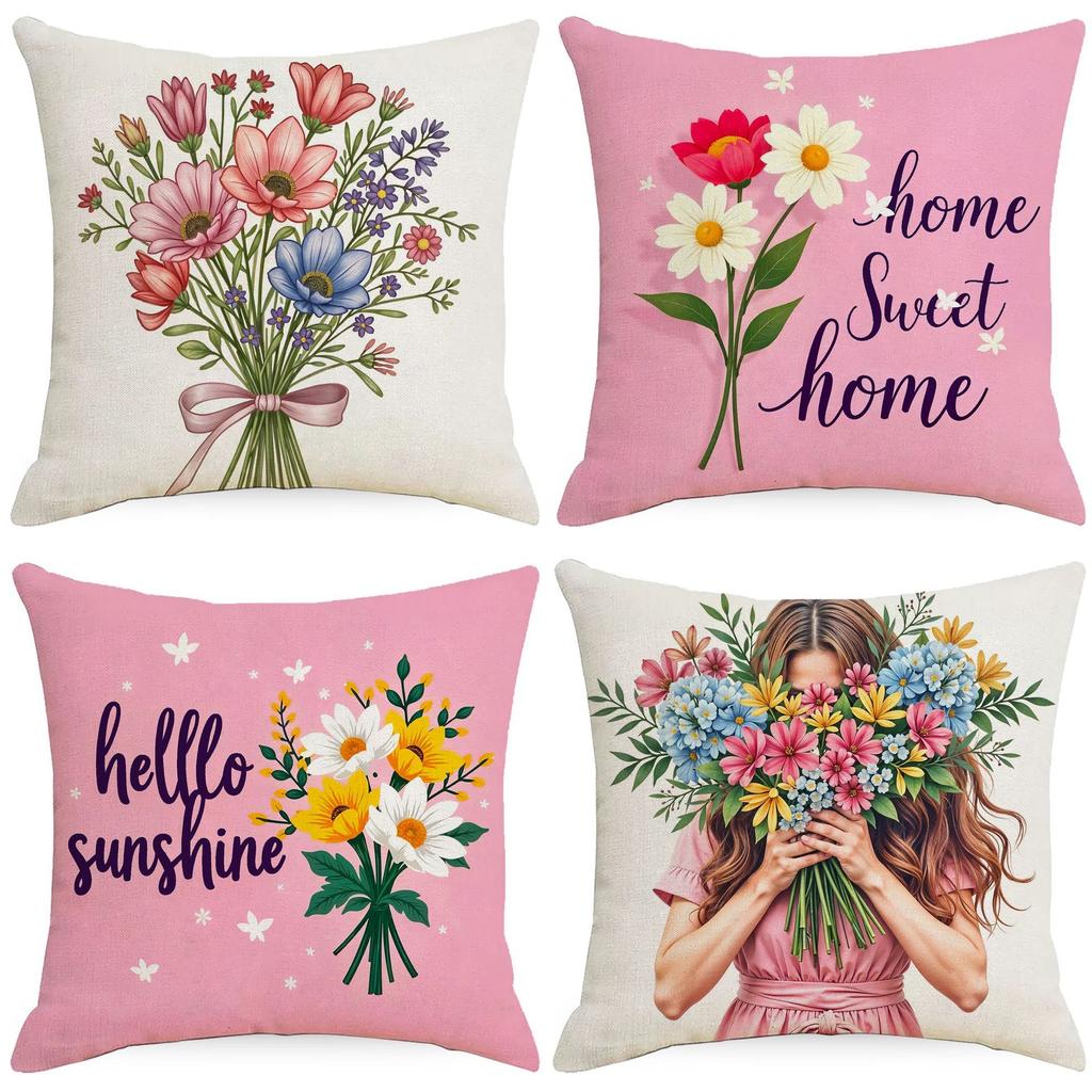 Pink Floral Set Sofa Pillow Case Nordic Simple and Versatile Linen Pillow New Car Cushion