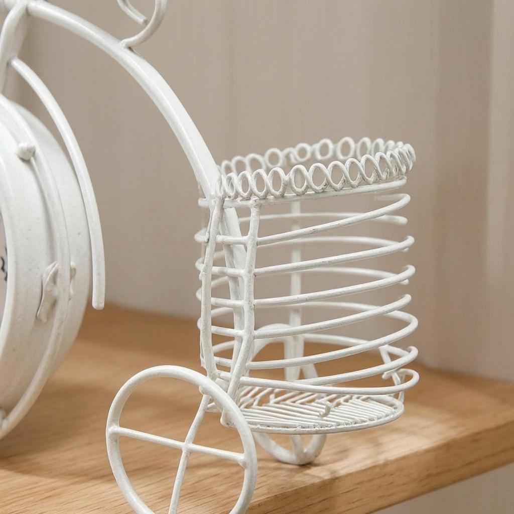 Wire Basket Cycle Clock White Bike Desk Iron Table Timepiece