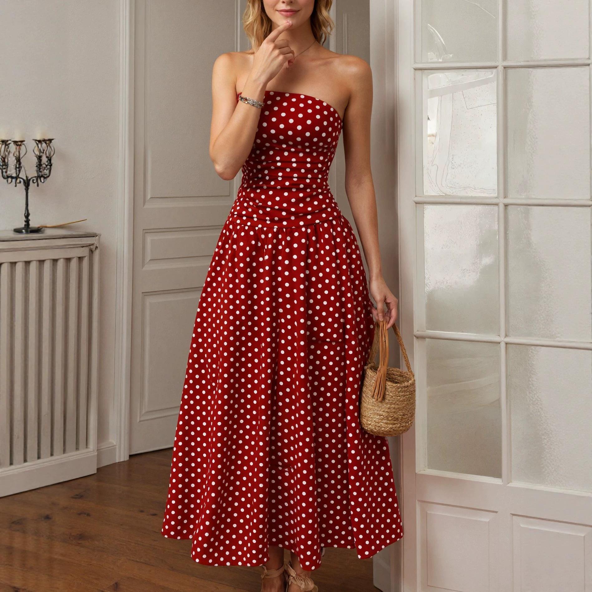 Women Retro Polka Dot Strapless Slim Fit A Line Long Dress S