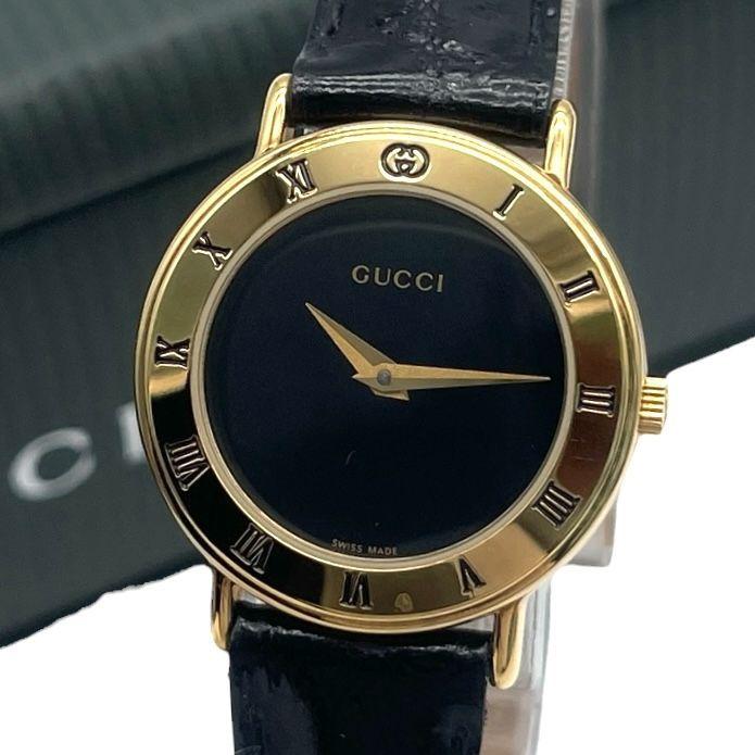 Used Good condition, new battery, working item GUCCI Gucci 3000.2.L ladies watch quartz QZ 2 hands black dial gold GG logo leather belt vintage Swiss