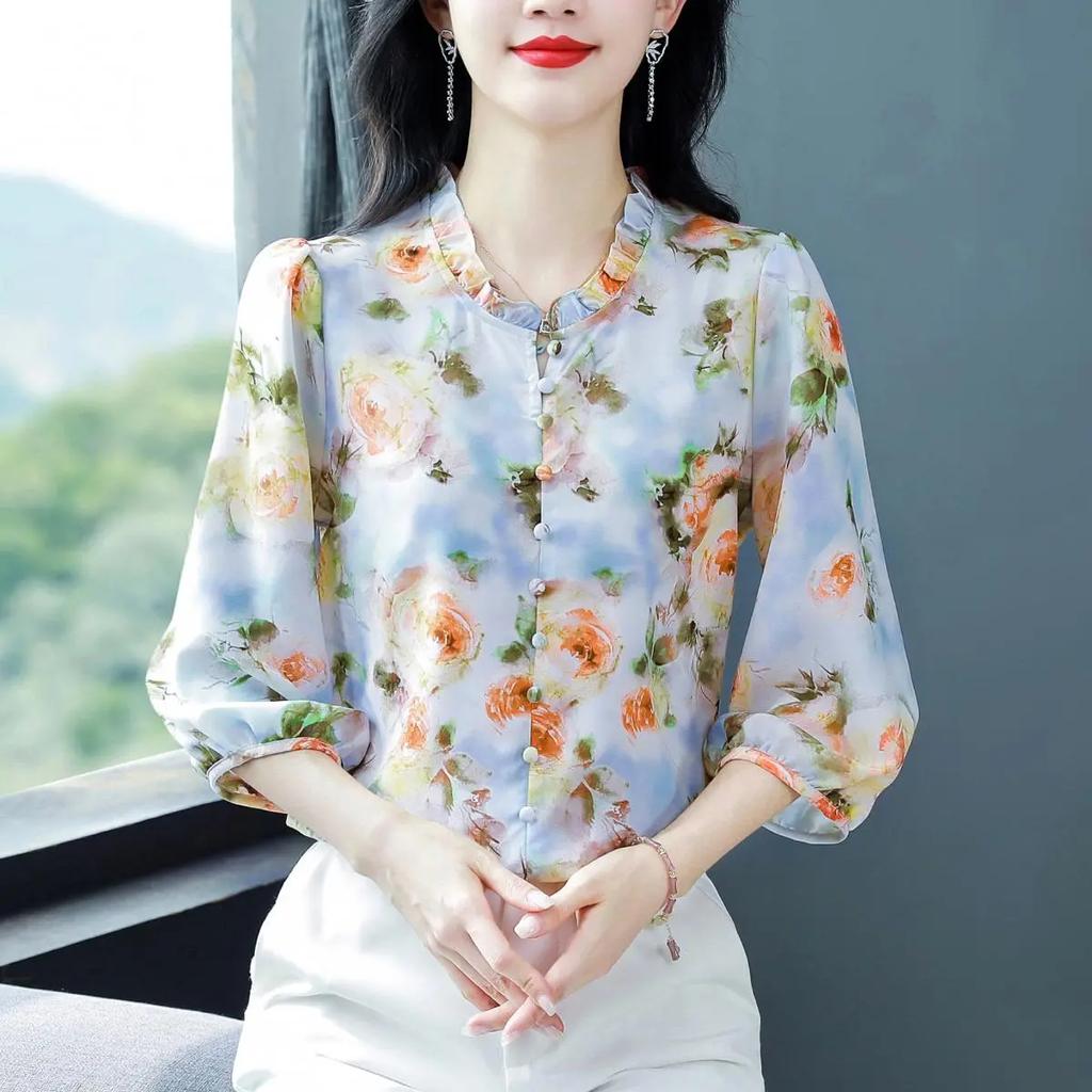 Women's Spring and Summer Seven-minute Sleeve Floral Shirt Ladies Elegant Chiffon Shirt