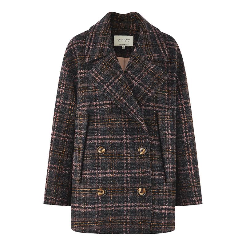 Women's Retro French Lapel Plaid Wool Blend Coat