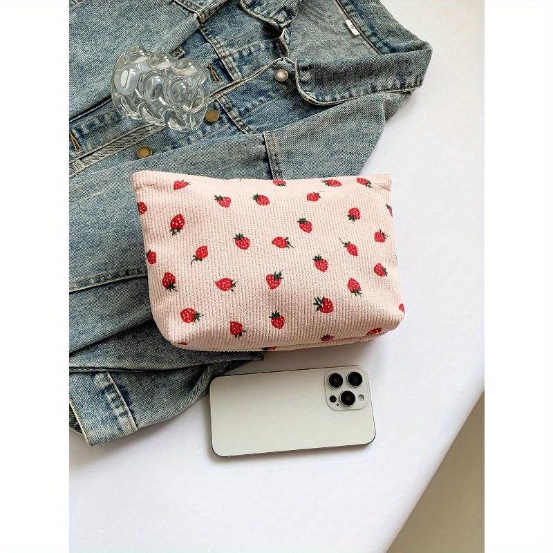 Strawberry Patterned Corduroy Makeup Bag With Zipper, Portable Skincare Wash Bag, Large Capacity Makeup Bag For Women's Travel School
