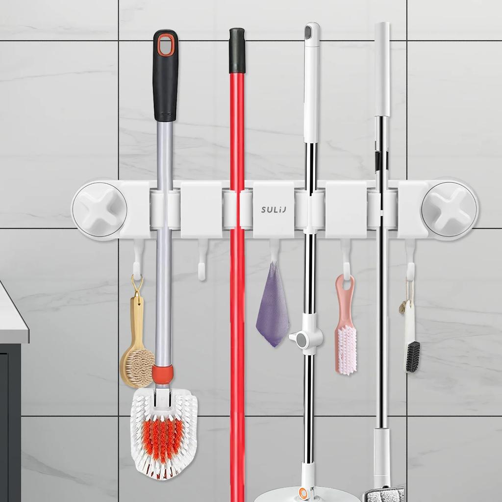 Broom Hook Holder Wall Mount Mop Organizer Vacuum Suction Cup Broom Hanger with 4 Racks and 5 Hooks Kitchen Bathroom Accessories
