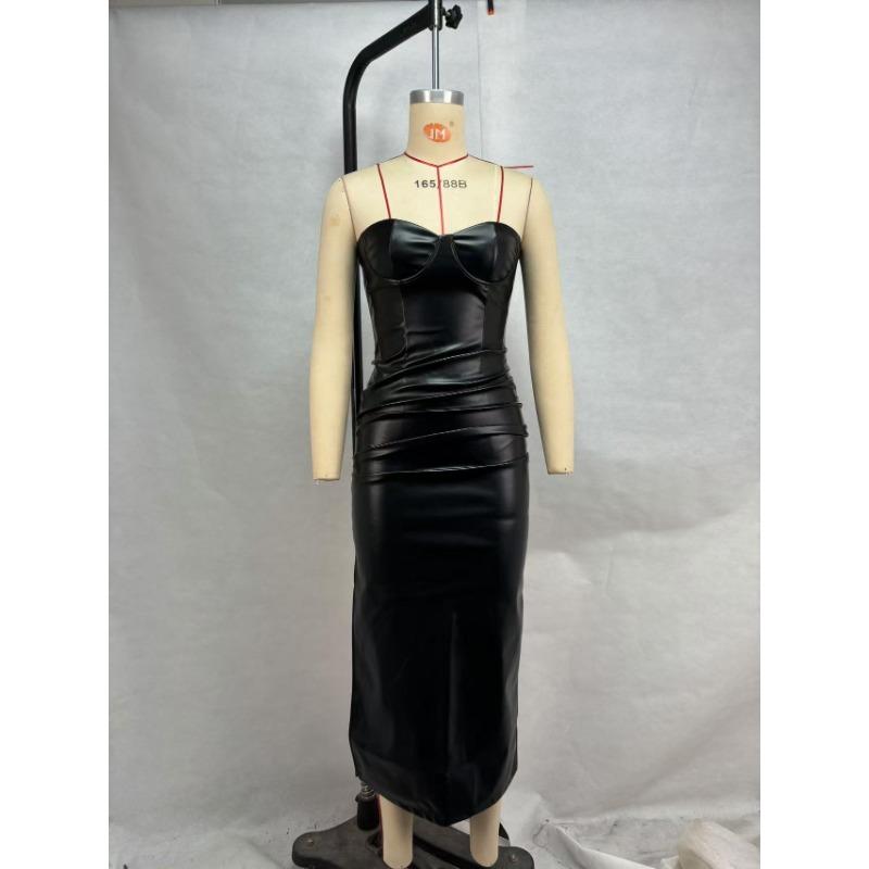 Rochie lungă din piele PU cu îmbinare cu cureaua de piept cu fantă îndoită cu talie subțire