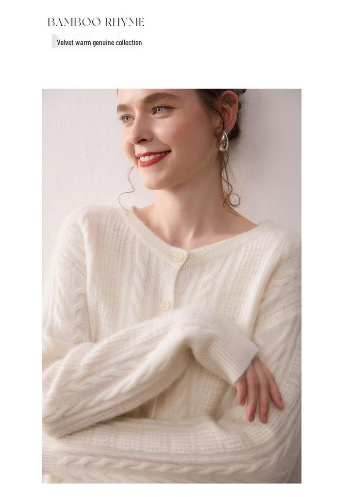 Women's Cashmere Round Neck Knit Cardigan - Autumn/Winter Retro Cable Design