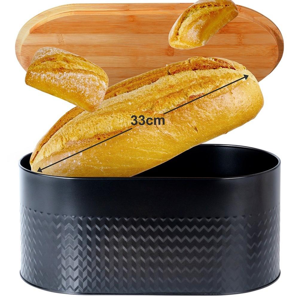 Steel bread bin with wooden board, black, 34x18.5x15.5 cm