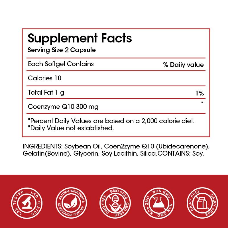 Coenzyme Q10, soybean oil, bovine gelatin, glycerol, Heart Health Supplements, 300mg