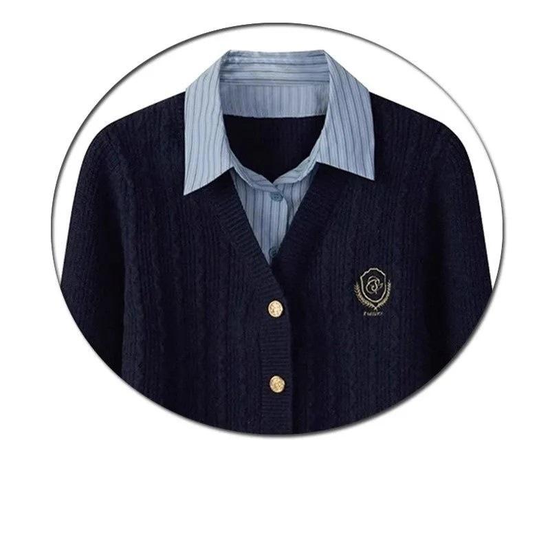 

College style knitted shirt collar splicing fake two-piece top women s spring new cardigan sweater jacket L