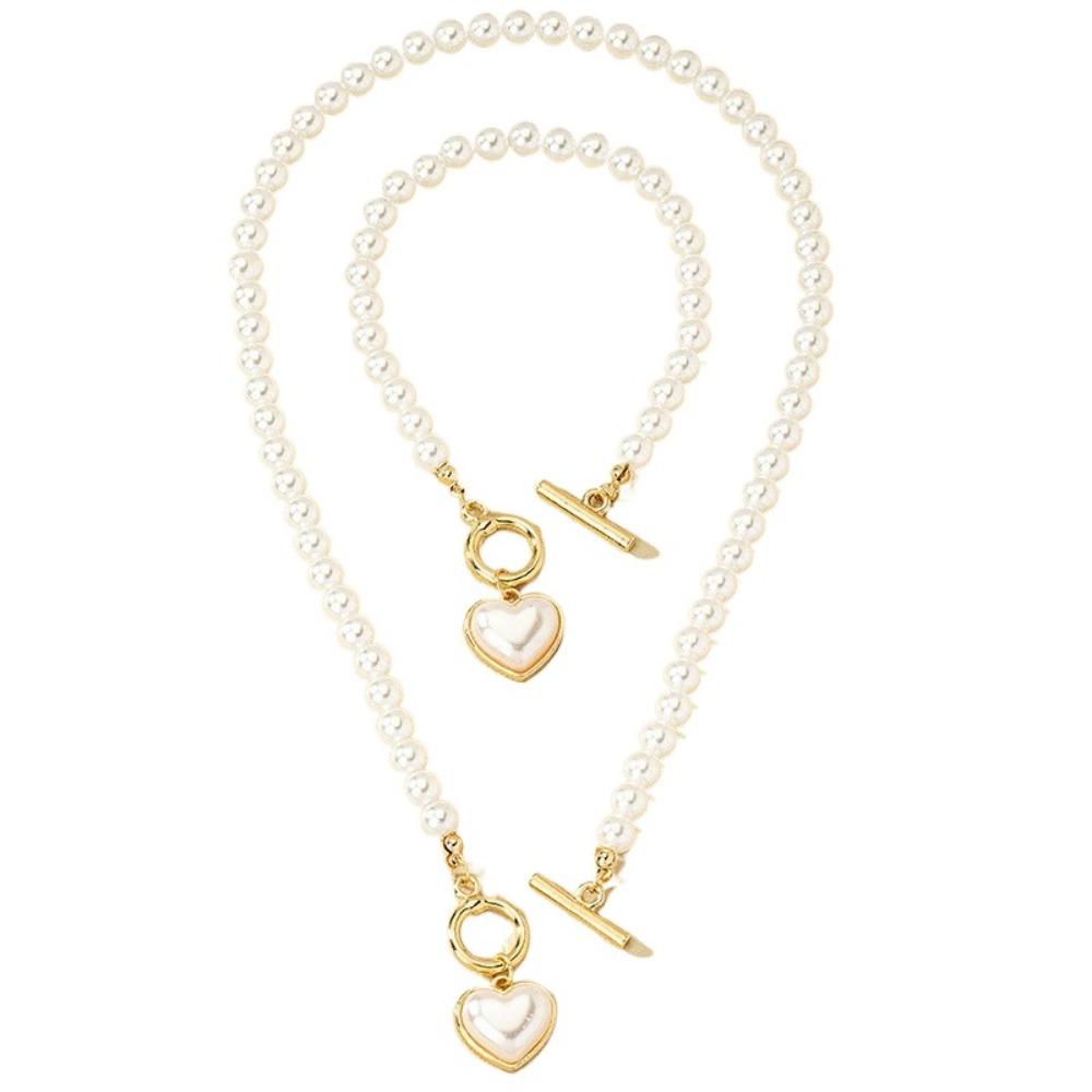Beaded Heart Pendant Jewelry Set Crystal Pearl Necklace Set Necklace Bracelet Set  Wedding Party