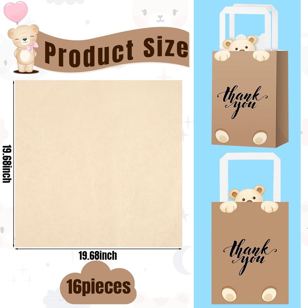 Eersida 16 Pcs Teddy Bear Thank You Gift Bags with Tissue Handles Baby Shower Bear Birthday Decorations Thank You Paper Bags Brown Candy Treat