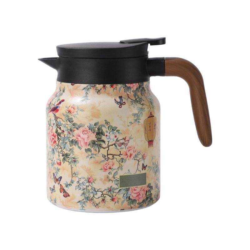 1000ml Retro Floral Nonrust Steel Teas Kettles With Wooden Handle And Filter For Hot Beverages