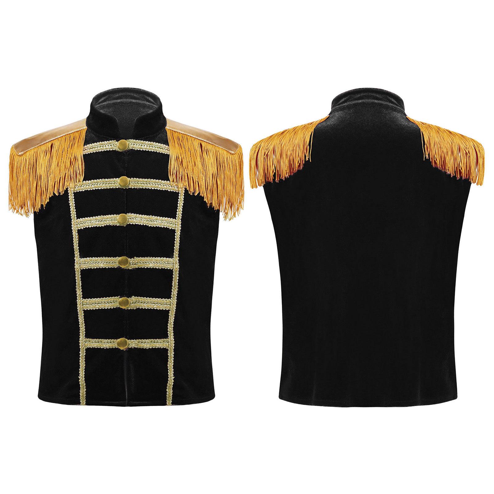 

Children‘s Showman Costume Sleeveless Vest Stand Collar Gold Trim Fringe Epaulet Buttons Waistcoat for Drummer Role Play Outfit 11-12 Years чёрный