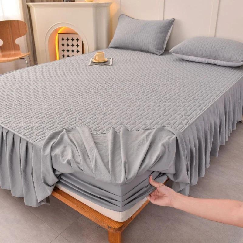 Solid Color Cotton Fitted Sheet Bed Skirt 2-in-1 Dustproof Bedspread Modern Minimalist Mattress Dust Protection Cover