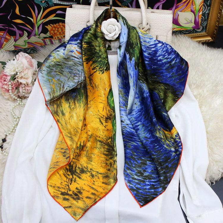High-end famous painting Van Gogh oil painting starry sky silk 90 square scarf spring and autumn thin mulberry silk scarf summer sunshade shawl